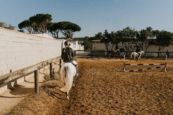 girl jogging a white horse around an equestrian arena