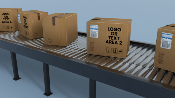 Boxes with changeable labels on the conveyor belt