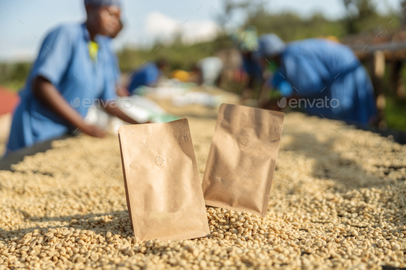 Close up of paper bags at a coffee washing station in Africa region