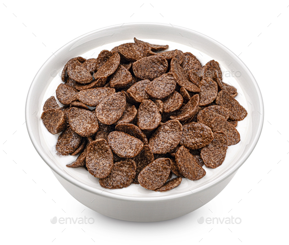 Chocolate corn flakes with milk isolated on white background Stock ...