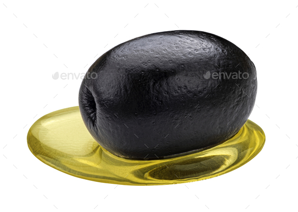 One black olive with olive oil spot isolated on white background