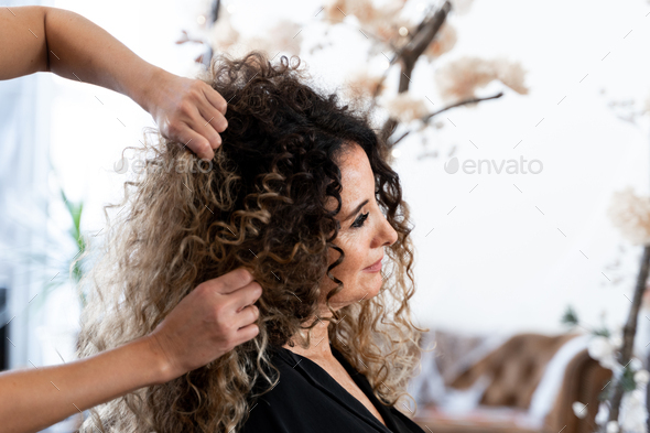 Hairdresser giving volume to the curly hair of a woman - Stock Photo - Images