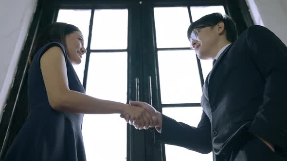 Asian man and an Asian business woman in a suit shaking hands to congratulate