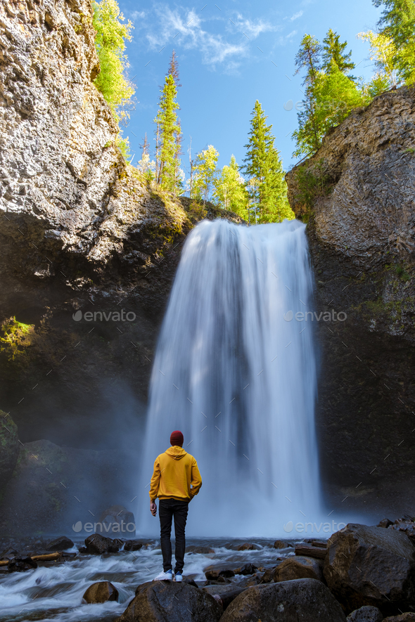 Moul Falls, the most famous waterfall in Wells Gray Provincial Park in ...