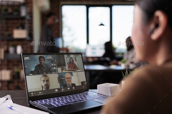 Office employee using video call telework to chat with colleagues