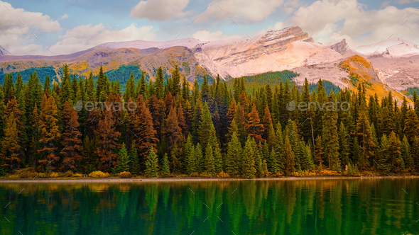 Spirit Island in Maligne Lake, Jasper National Park, Alberta, Canada. Canadian Rockies