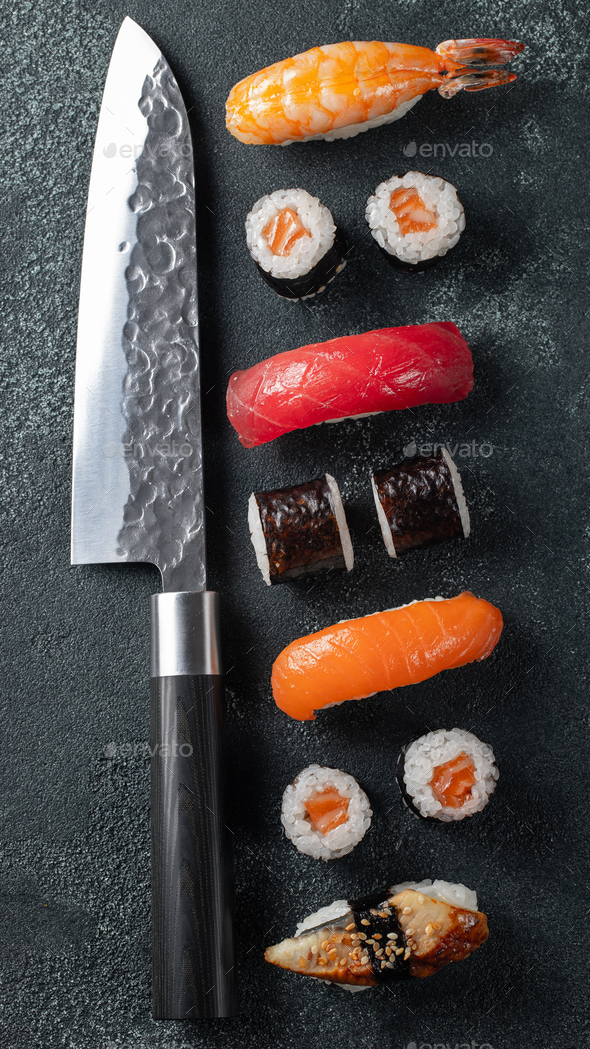 Different Sushi with Japanese knife. flat lay.