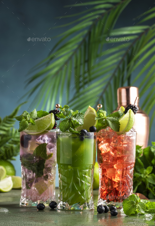 Summer refreshing alcoholic cocktails with gin, tequila, vodka, lime