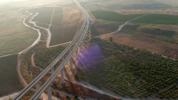 Tall bridges in the Judea valleys of Israel, aerial drone view alt