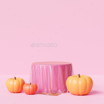 Pumpkins near to podium, abstract background for advertising on autumn holidays or sales