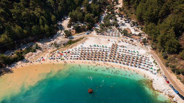 Aerial view of famous Marble beach ai Thassos island, Greece - Stock Photo - Images