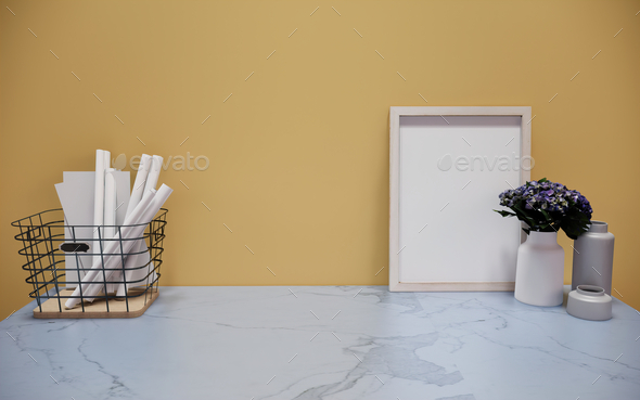Marble wooden free frame with green plant on white wall, 3d render, 3d illustration, canvas print