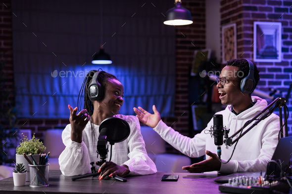 African american people chatting on podcast talk show