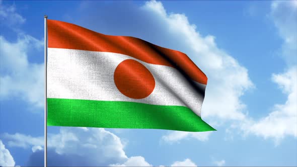 Niger Flag Waving in the Wind on the Background of Blue Cloudy Sky Seamless Loop alt