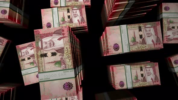 Flight over the Saudi Arabia Riyal money banknote packs loop animation alt