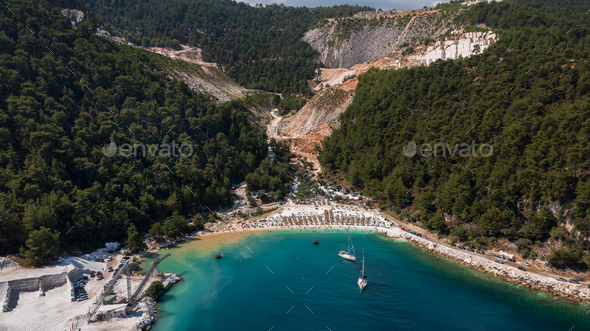 Aerial view of famous Marble beach ai Thassos island, Greece - Stock Photo - Images