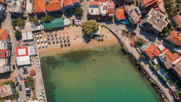 Top aerial view to the town beach in Skala Marion beach ai Thassos island, Greece - Stock Photo - Images