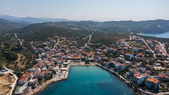 High aerial view to Skala Marion beach at Thassos island, Greece - Stock Photo - Images
