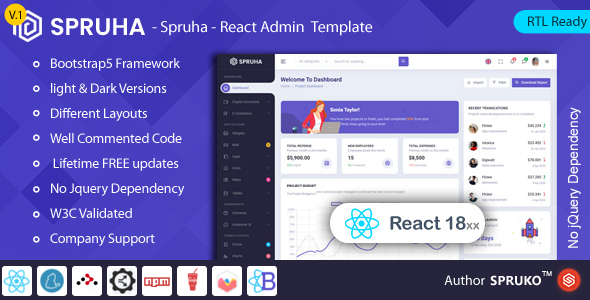 Spruha – ReactJS Admin & Dashboard Template by SPRUKO | ThemeForest