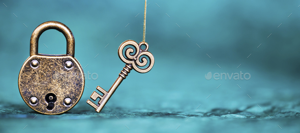 Old vintage key and padlock, escape room game banner