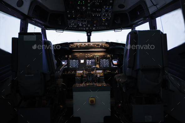 Empty aircraft cabin with control panel buttons and lever command