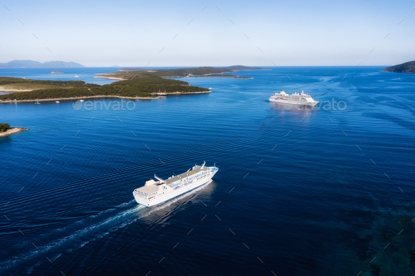 Croatia. Aerial view at the cruise ship at the day time. Adventure and travel.