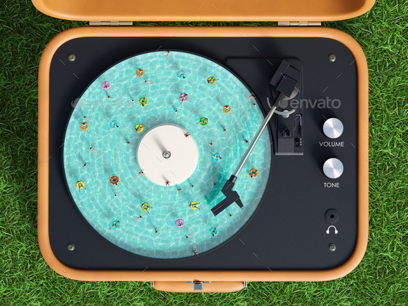 people swim in the pool in the form of a vinyl player top view - Stock Photo - Images