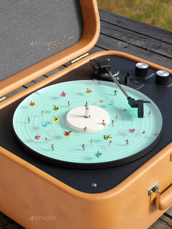 people swim in the pool in the form of a vinyl player - Stock Photo - Images