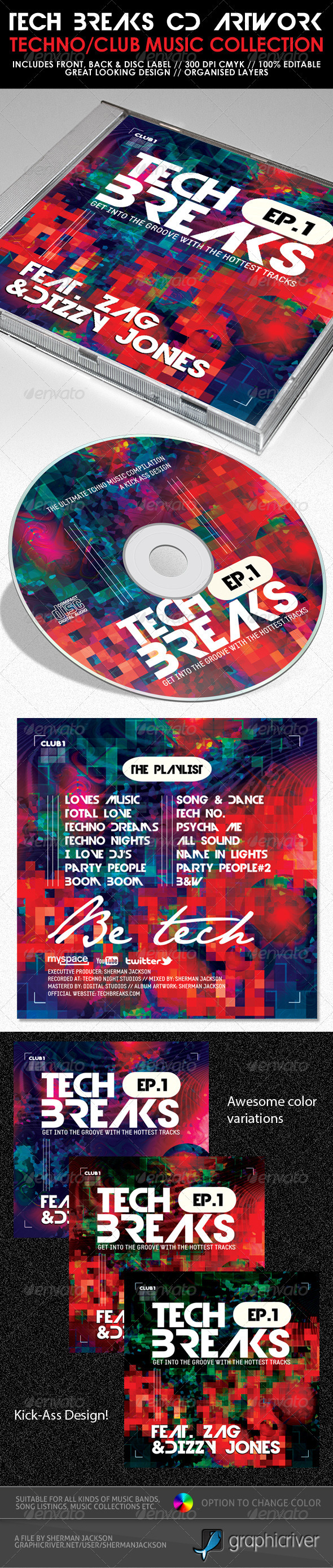 Tech Breaks CD Artwork PSD Template - CD & DVD Artwork Print Templates