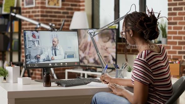 Sick patient talking to doctor on telehealth videocall conference - Stock Photo - Images