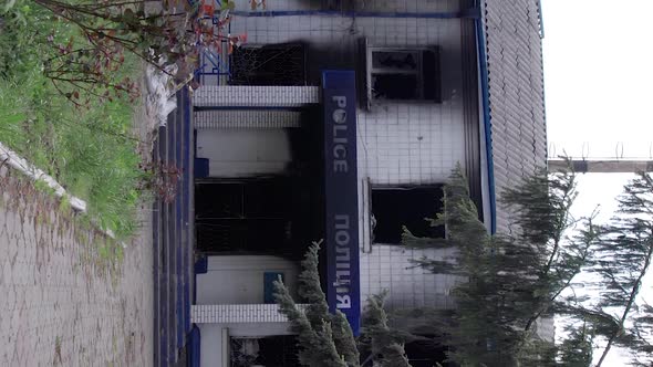 Vertical Video of a Burned Down Police Station in Ukraine During the War alt