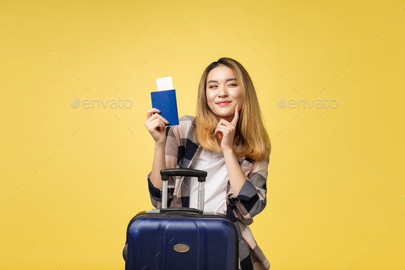 Woman travel. Young beautiful asian woman traveler holding passport ...