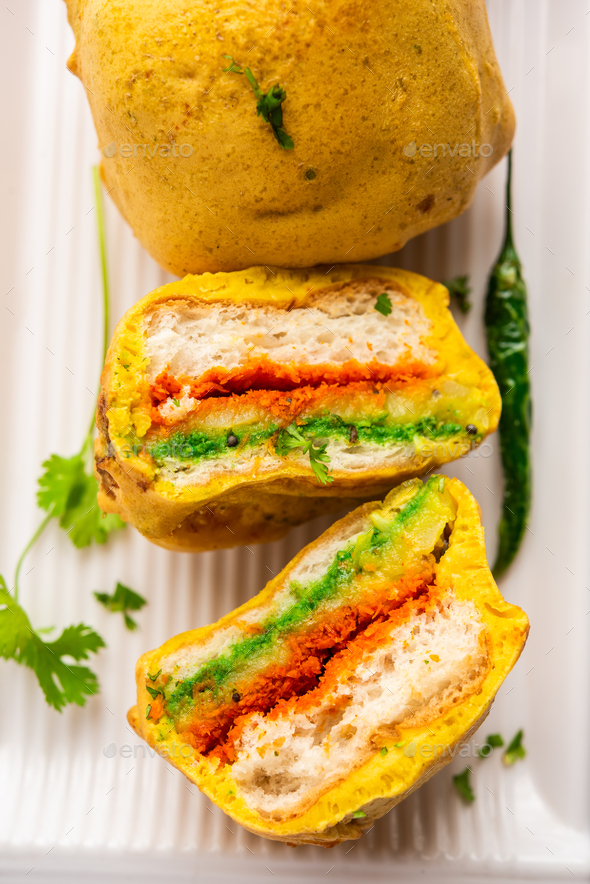 Ulta Vada Pav is made with a spicy potato stuffed bun, called pav