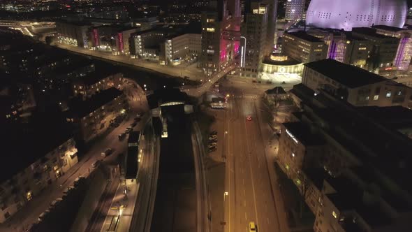Aerial Night View of City Street in Stockholm