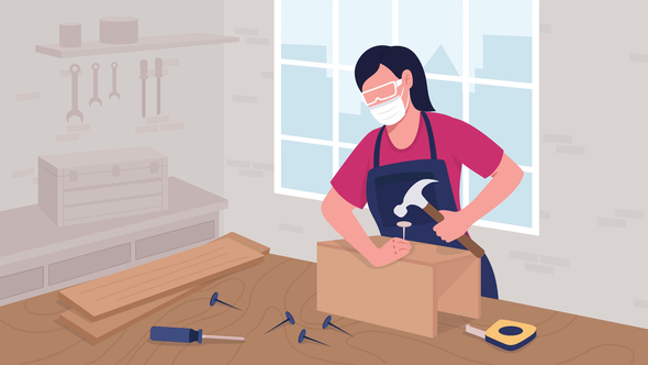 Female cabinetmaker driving nails with hammer flat color animated illustration Elements template preview