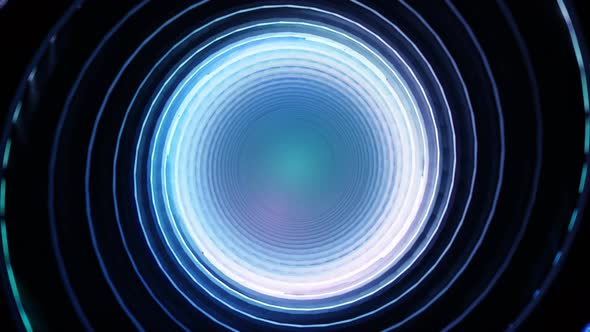 Rotating tunnel. Rotating and glowing curves. Abstract background.