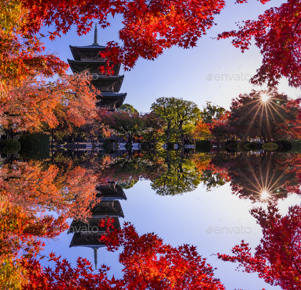 The wooden tower of To-ji Temple in Kyoto at autumn. - Stock Photo - Images
