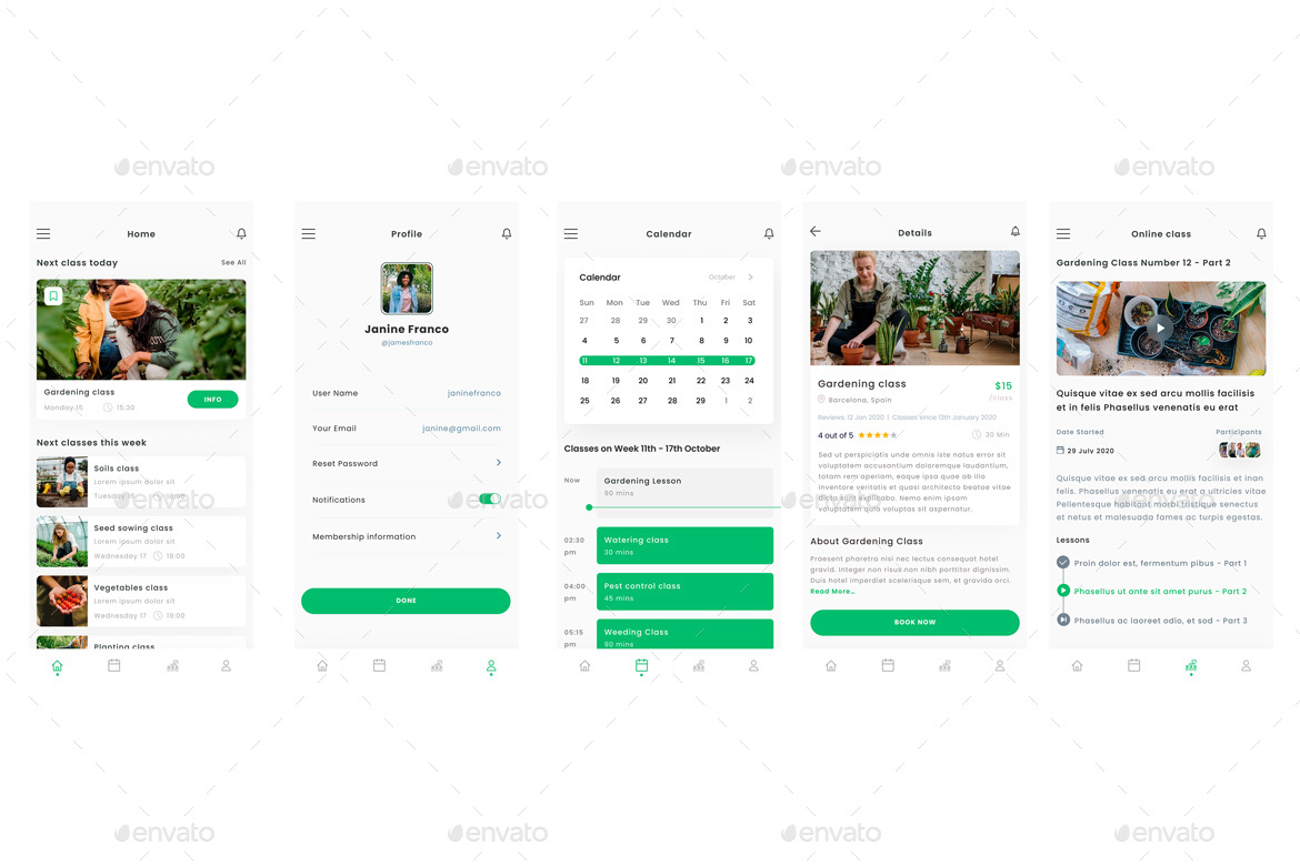 Gardening & horticulture School Green App UI Kit, Web Elements ...