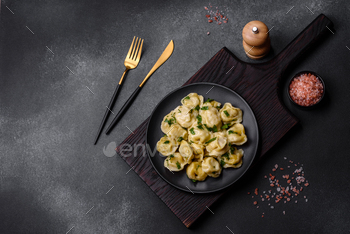 Delicious fresh dumplings with turkey meat, with spices and herbs