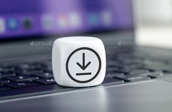 Download Data Storage Concept. Download icon on cube block on laptop - Stock Photo - Images