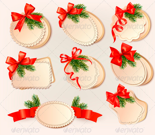 Christmas card with bow and christmas tree branche - Christmas Seasons/Holidays