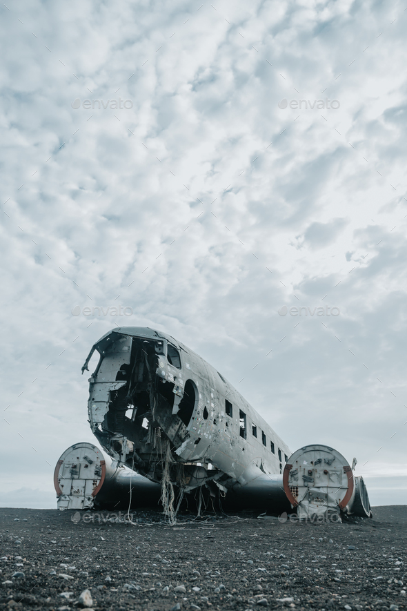 Crashed airplane in Iceland, on the beach of Sólheimasandur. Moody