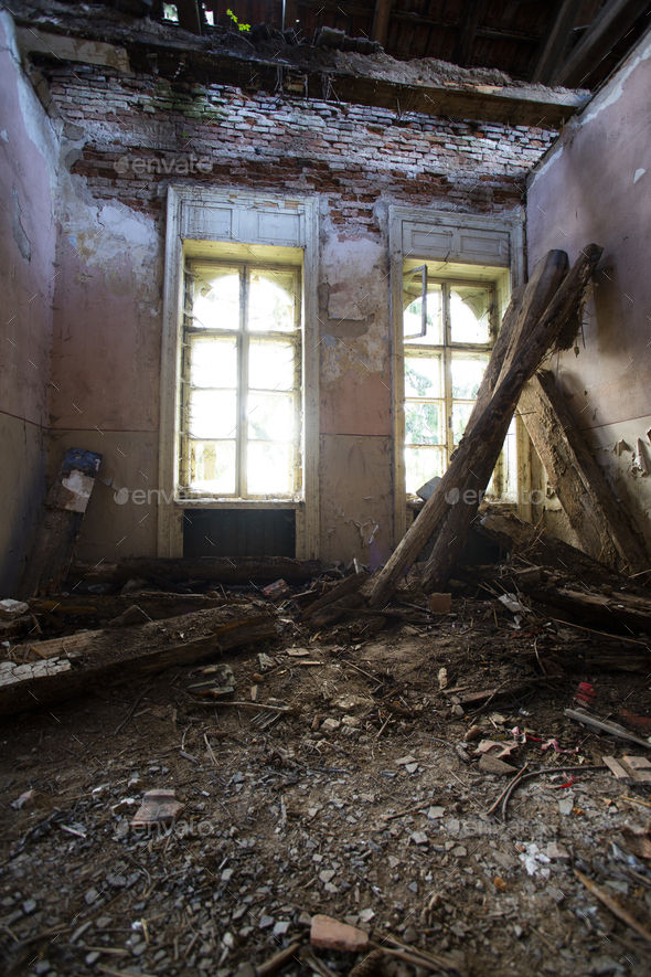 Old abandoned forgotten historical mansion, inside view.