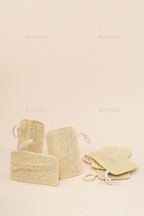 Ecological loofah sponges, biodegradable scrub pad. Zero waste household product.