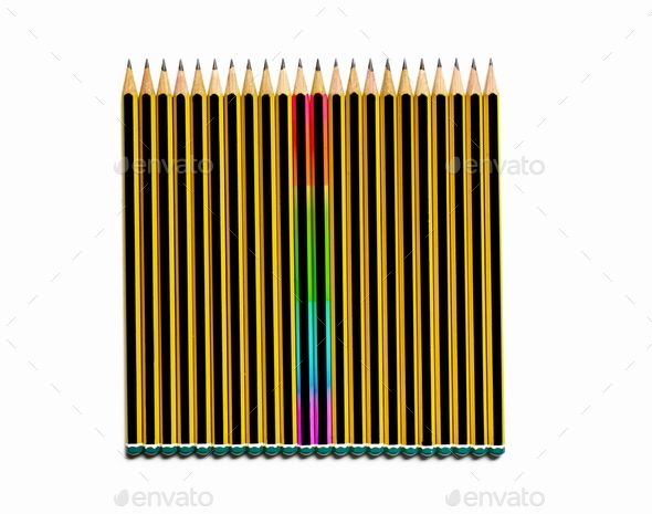 Pencils with lgbt flag between yellow pencils