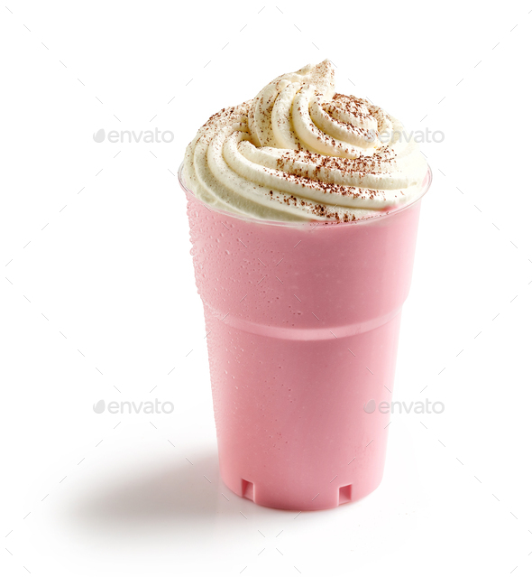 Plastic cup of milkshake with strawberries isolated on white Stock