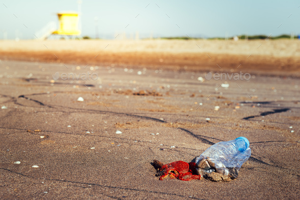 plastic bottle and trash polluting a beach