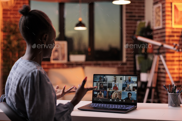 Corporate worker talking with remote team on business meeting