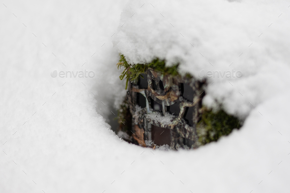 Close-up of camera trap covered in snow during wintertime.