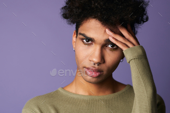 Portrait of african american man looking camera. Closeup face with sensual lips and eyes